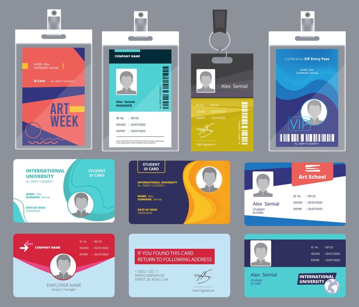 Identificación de tarjeta personal. Pasaporte masculino o femenino o insignias plantilla de diseño de etiquetas comerciales de gerente de oficina personal.