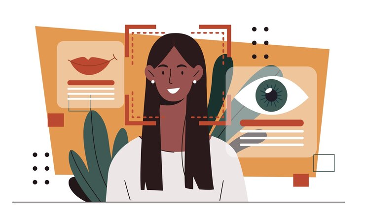 Vector identificar las emociones de las mujeres, las expresiones faciales, las tecnologías modernas e innovaciones, la biometría y