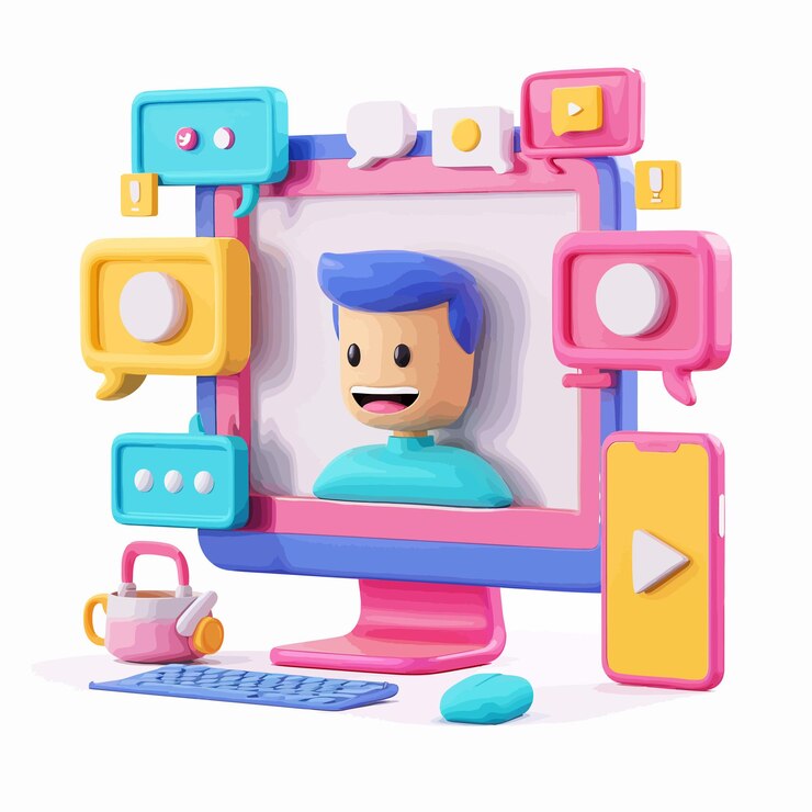 Vector ideo_call_3d_render_illustración_con_computador