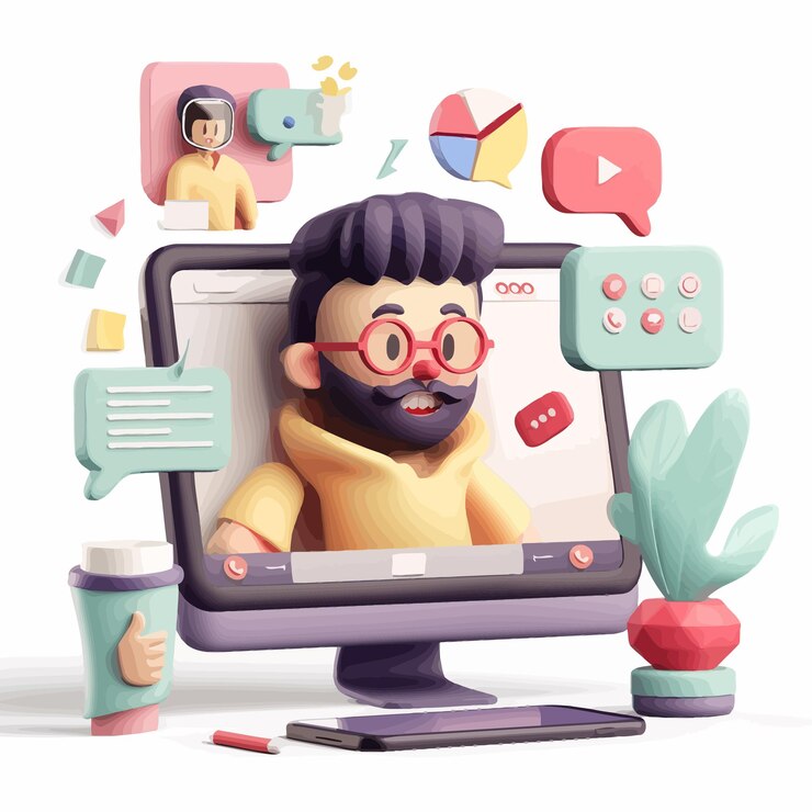 Vector ideo_call_3d_render_illustración_con_computador