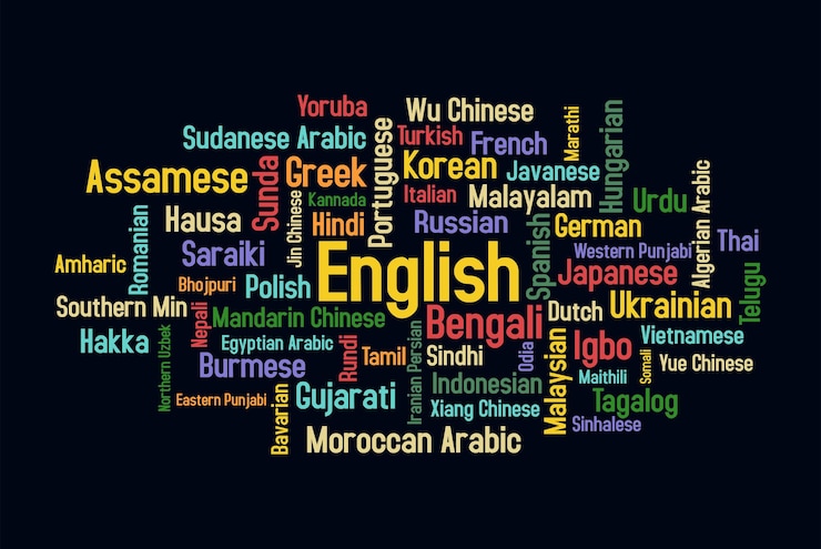 Vector idiomas de diferentes países sobre fondo oscuro para portada y pancarta idioma materno internacional