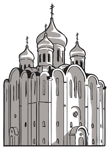Iglesia Antigua Iglesia Ortodoxa Rusa. Bosquejo del vector bosquejo blanco y negro.