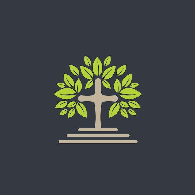 iglesia, árbol, cruz, icono, vector, concepto, diseño, plantilla, web