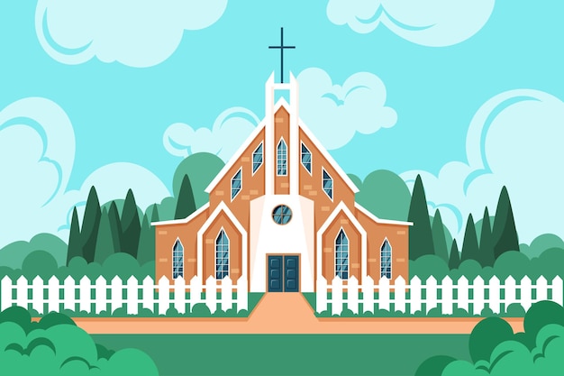 Iglesia de bodas Edificio de capilla religiosa Casa católica de Pascua en el paisaje Casa de la ciudad Cerca y árboles Panorama escénico con catedral y naturaleza Ilustración de dibujos animados vectoriales