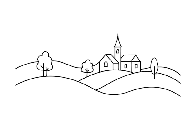 Iglesia de campo que muestra su arquitectura serena en medio de un paisaje rural dibujada a mano Ilustración vectorial plana de arte de línea continua sobre fondo blanco