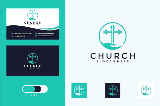 Iglesia con diseño de logotipo de mano y cruz y tarjeta de visita