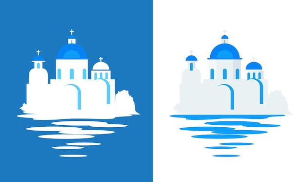 Iglesia griega con cúpulas azules Ilustración de viaje de vector plano