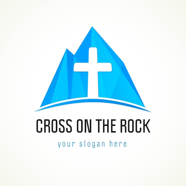 Iglesia en las montañas vector logo cruz y signo de roca azul símbolo de la misión cristiana montaña de hielo