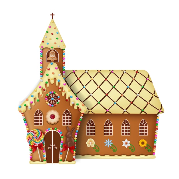 iglesia de pan de jengibre de pascua con galletas y dulces. iglesia de pascua de pan de jengibre con dulces