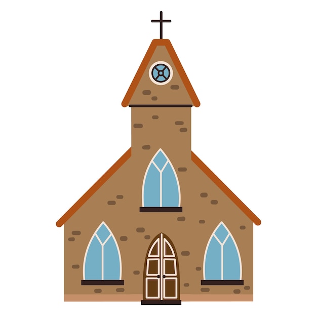 Iglesia religiosa de piedra aislada con torre y cruz en estilo plano sobre fondo blanco