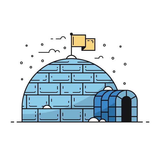 Iglú tradicional en invierno. Edificio con ventisqueros y carámbanos. Ilustración de la casa de invierno en el diseño del esquema.