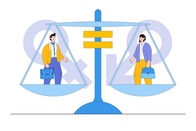 Igualdad de género igualdad de trato entre hombres y mujeres en la sociedad empresarial estilo de diseño de esquema ilustración vectorial mínima para la página de inicio banner web infografías imágenes de héroes