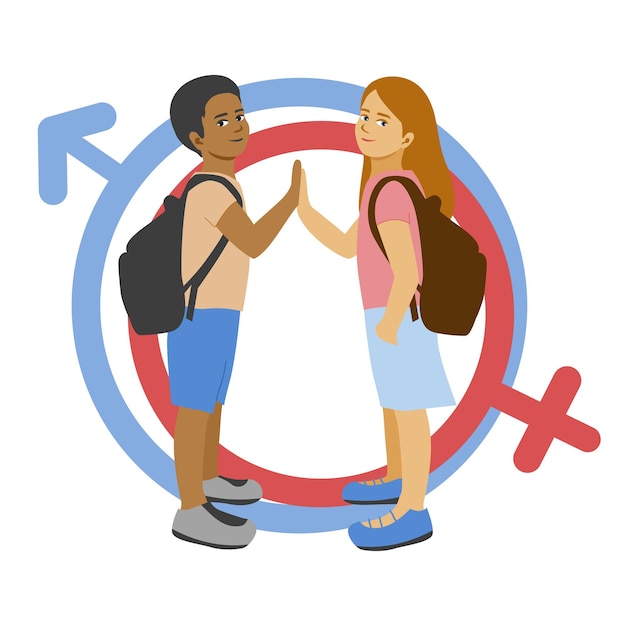 Vector igualdad de oportunidades educación niños y niñas escolares con mochilas escolares símbolos igualdad de género