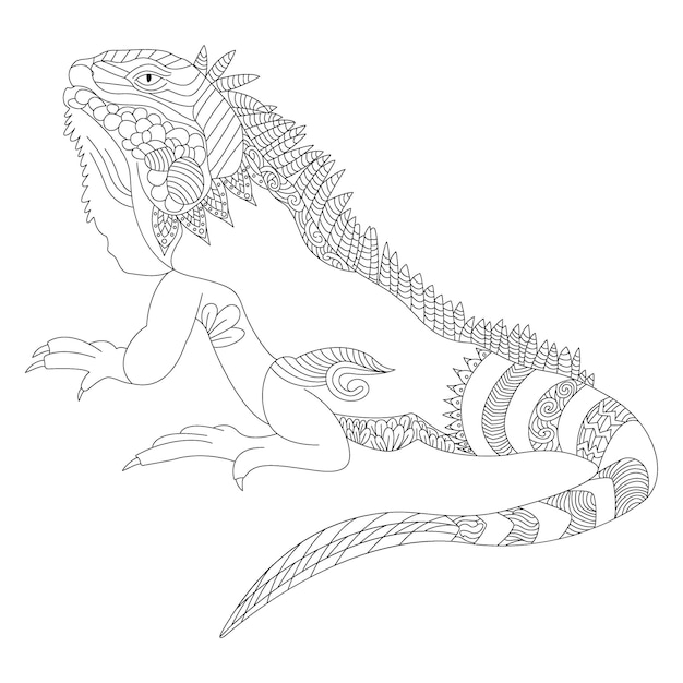 Iguana dibujada a mano con estilo étnico zentangle Ilustración para libro de colorear