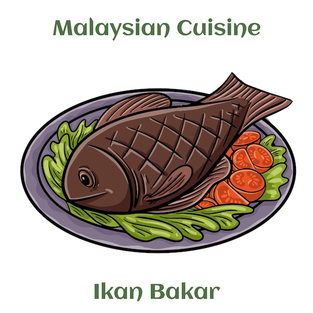 Ikan Bakar Pescado a la parrilla con hojas de plátano servido con arroz tibio, pepino y salsa picante Cocina de Malasia