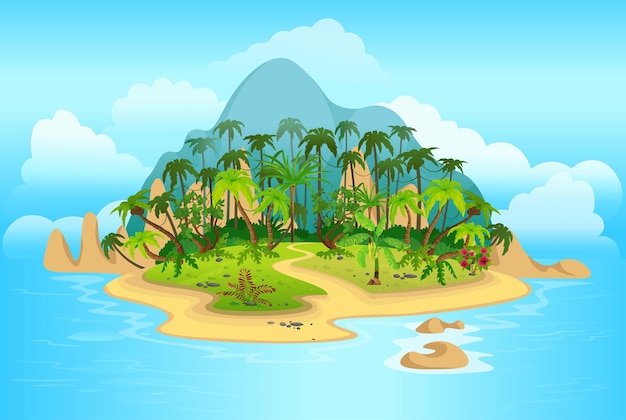 Illa tropical de dibujos animados con palmeras montañas océano azul flores y vides Ilustración vectorial