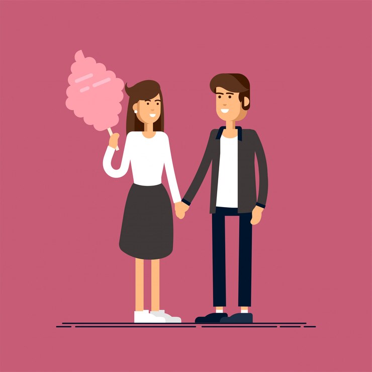 Illustartion detallado creativo de encantadora pareja de pie y tomados de la mano. Una niña sostiene un dulce algodón de azúcar. Relación amorosa.