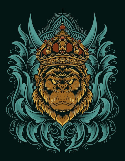 Illustrarion rey gorila con adornos vintage