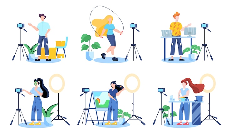Vector illustratiion del concepto de blogs de video. idea de creatividad y creación de contenido, profesión moderna. personajes grabando video con cámaras para su blog.