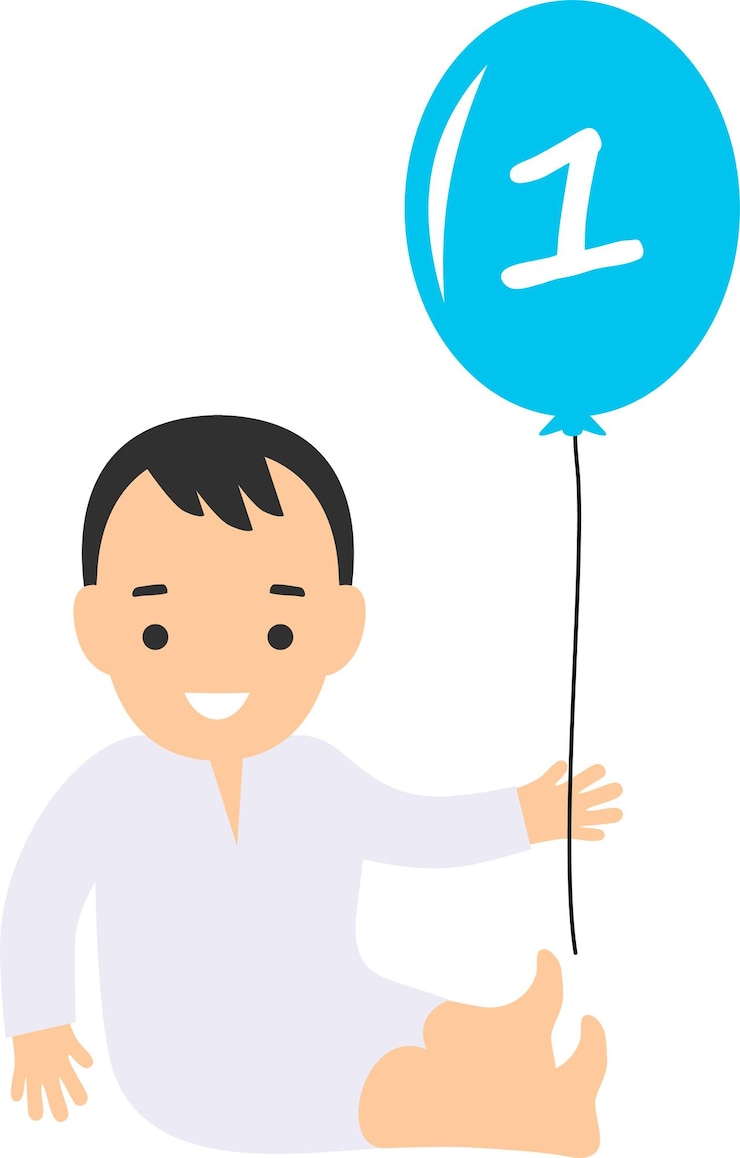 Vector illustration of baby boy with blue helium balloon on string for first birthday celebration