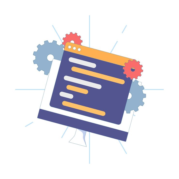 Vector illustration of concept of developer and programmer with application window or programming software