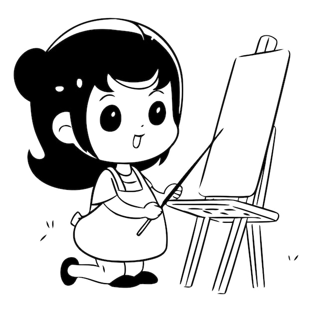 Vector illustration of a cute girl painting on an easel