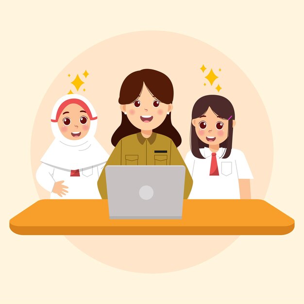 Illustration of Indonesian Teacher and Students