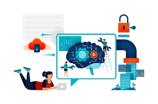 Illustration of students chat or communicate with artificial intelligence to get problem solving with data access form protected database Can be used for web website poster mobile apps magazine ads