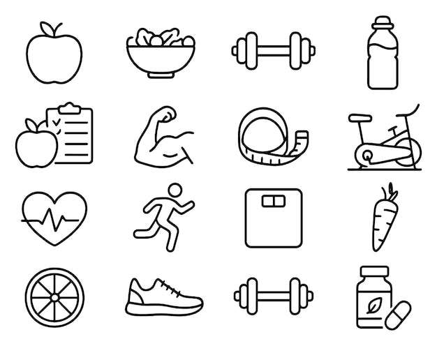 Illustrations of healthy lifestyle symbols including exercise nutrition and fitness gear for wellness promotion