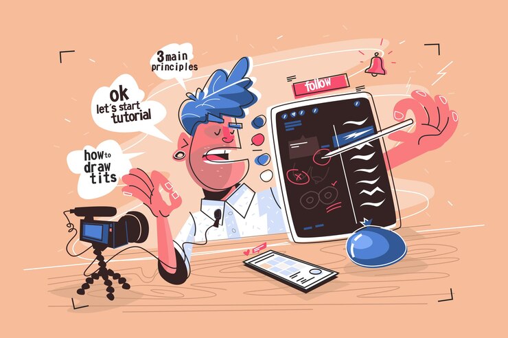 Vector illustrator en la ilustración de vector de video tutorial. hombre explicando técnicas de dibujo en diseño plano de tableta gráfica