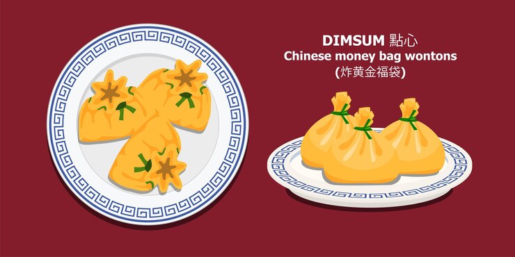 Illusttation vector aislado sobre fondo rojo del popular menú chino Dim Sum o Dimsum