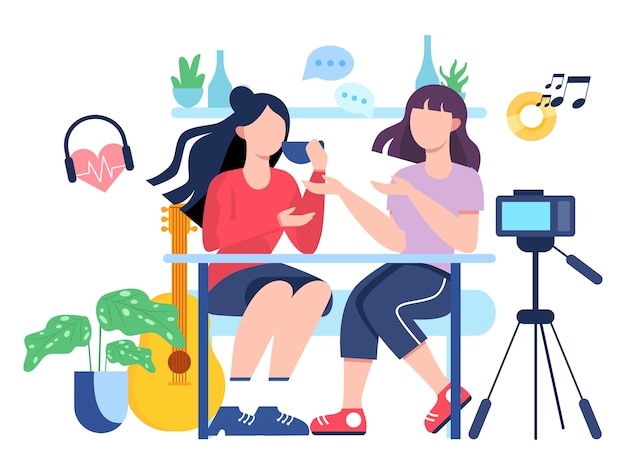illutratiion de blogs de vídeo. Idea de creatividad y creación de contenido, profesión moderna. Grabación de video de personajes con cámara para su blog.