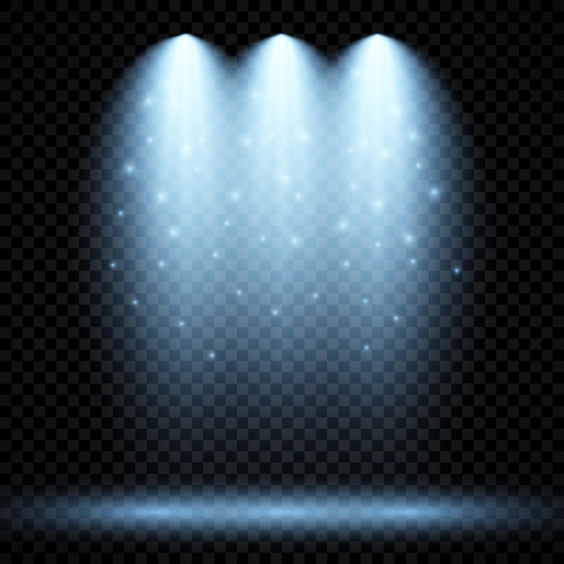 Iluminación azul fría con tres focos. Efectos de iluminación de escena sobre un fondo transparente oscuro. Ilustración vectorial