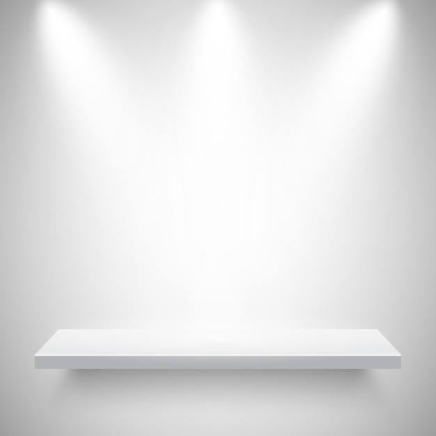 Iluminado estante de pared realista estante de tienda vacío fondo de estudio con reflectores vectoriales