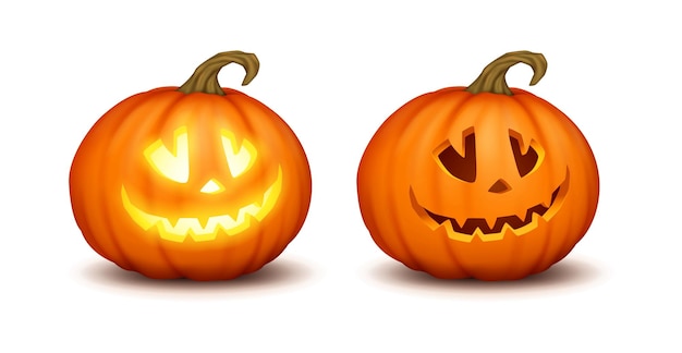 Iluminado y oscuro sonriente jackolanterns iconas realistas conjunto