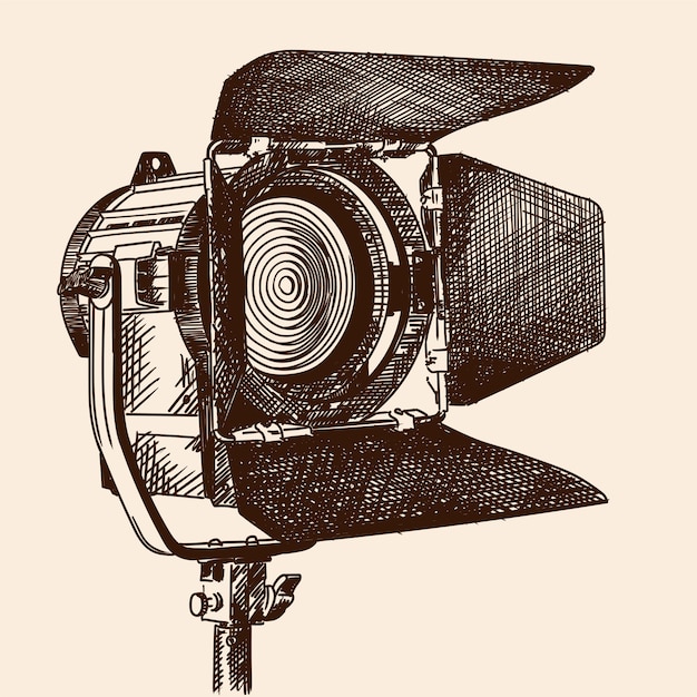 Iluminador de luz constante con cortinas y lente Fresnel en un soporte para filmar películas