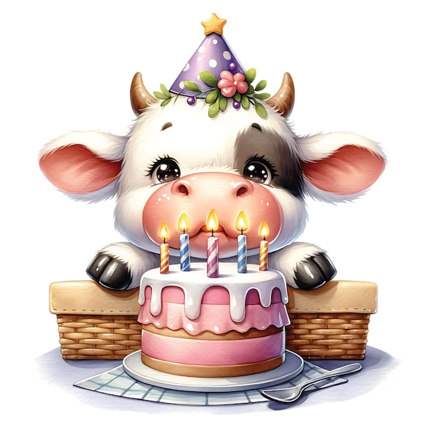 Vector ilustracao vaca bebe con bolo de aniversario