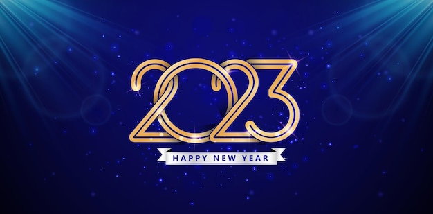 ilustración de 2023 colores dorados Feliz Año Nuevo con cintas plateadas, para el diseño de tarjetas de felicitación