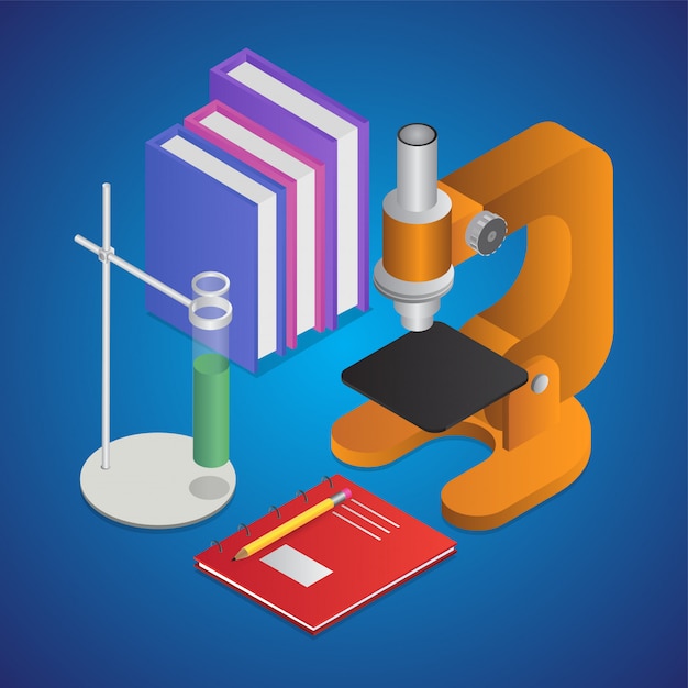 Vector ilustración 3d de abrazadera de soporte de laboratorio con libros, microscopio y cuaderno