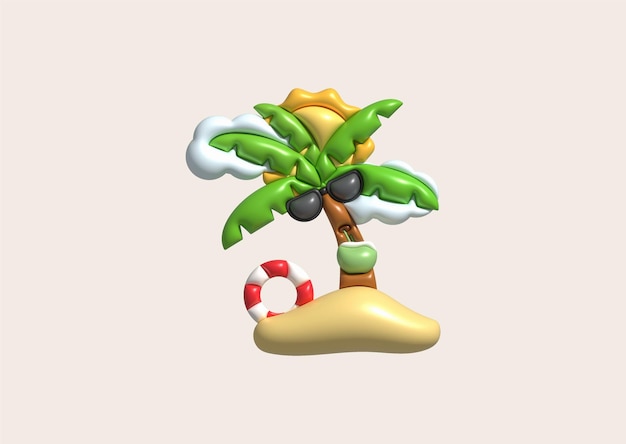 Vector ilustración en 3d árbol de coco con gafas de sol bebiendo agua de coco nubes flotando