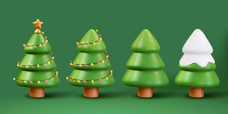 Vector ilustración 3d de árboles de navidad elementos navideños aislados sobre fondo verde dos con hermosos adornos uno cubierto de nieve y otro sin