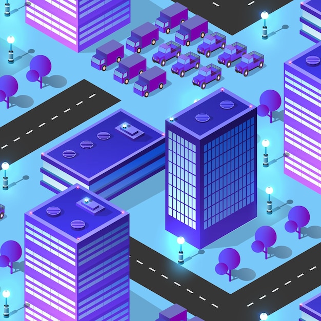 Ilustración 3D de arquitectura de luces nocturnas isométricas urbanas inteligentes del futuro de la ciudad