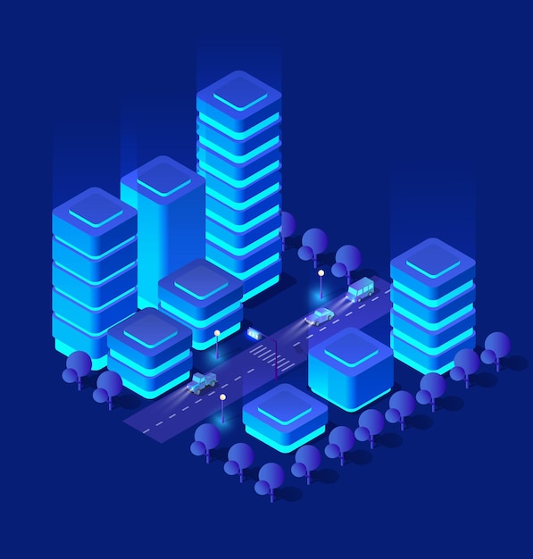 Ilustración 3D de arquitectura de luces nocturnas isométricas urbanas inteligentes del futuro de la ciudad