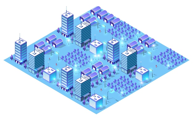 Ilustración 3d azul inteligente isométrica de fondo nocturno