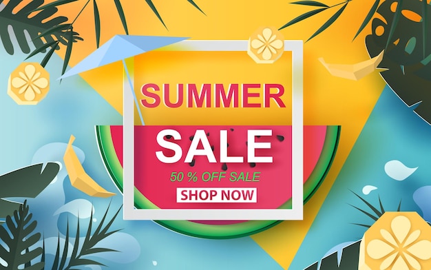 Ilustración 3D de Banner de venta de verano con sandía. Hasta un 50 % de descuento. Corte de papel de diseño creativo y estilo artesanal para tarjetas y carteles coloridos. Selva tropical de vacaciones deja verde concept.vector