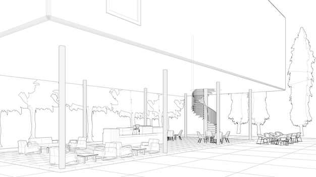 Ilustración en 3D de una cafetería
