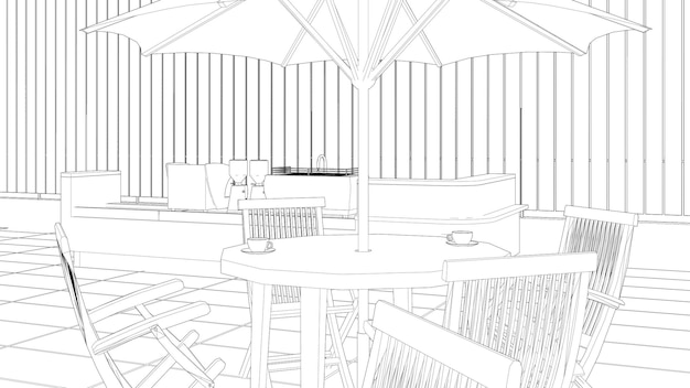 Ilustración en 3D de una cafetería