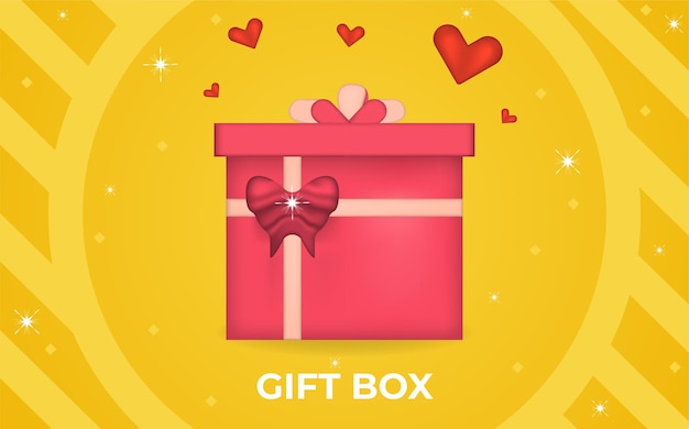 Ilustración 3D de caja de regalo con corazón, estrellas, lazos y cintas, aislado sobre fondo amarillo.