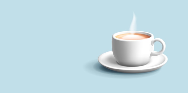 Ilustración 3D de capuchino en una taza de café blanca 3D con platillo Vapor de bebida caliente con crema