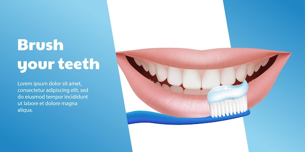 Vector ilustración 3d de un cepillo de dientes azul cepillando dientes realistas con una expresión sonriente